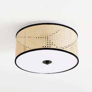 Nakuv 3-Light 15 in. Beige Modern Bohemian Flush Mount Fixture with PVC Rattan Shade and Velvet Stitched Rim