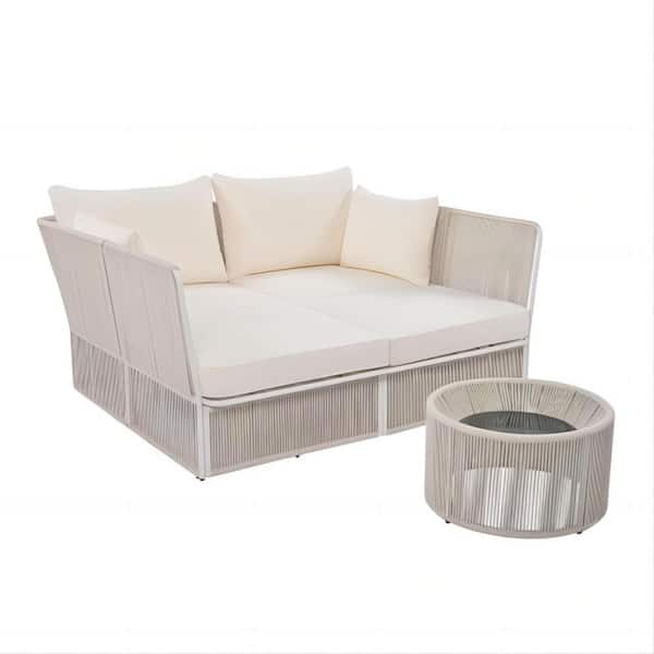 Clihome 2-Piece Metal and PP Rope Outdoor Sunbed and Coffee Table Sectional, Patio Double Chaise Lounger with Beige Cushions