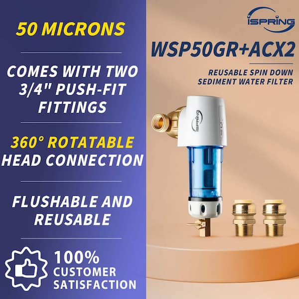 Reusable Spin Down Sediment Water Filter 50 Micron with Scraper and 360 Head with Push-Fit Plumbing Fittings