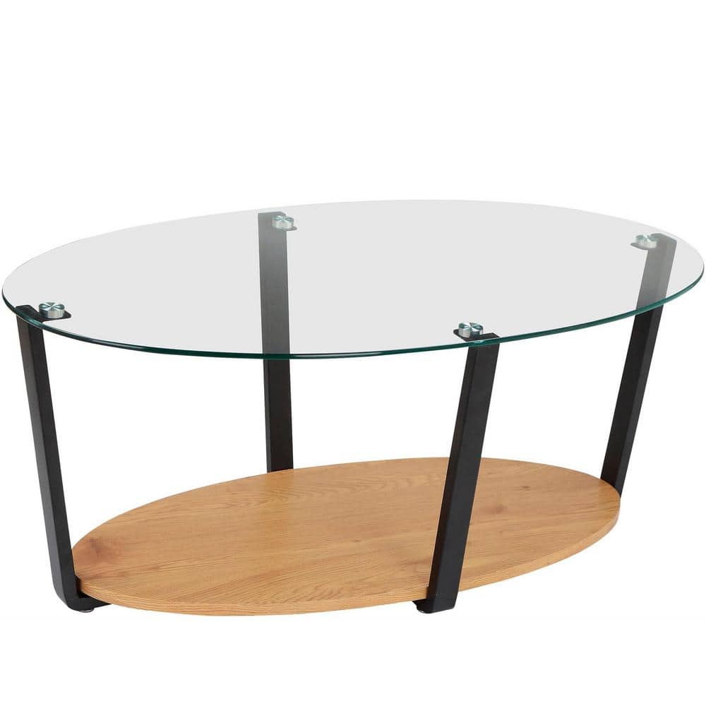 Nessa Oval Coffee Table with Glass Top and Oak Shelf