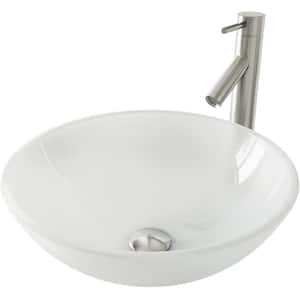 Glass Round Vessel Bathroom Sink in Frosted White with Dior Faucet and Pop-Up Drain in Brushed Nickel