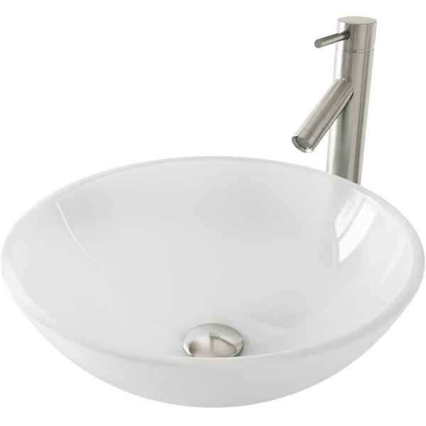 VIGO Glass Round Vessel Bathroom Sink in Frosted White with Dior Faucet and Pop-Up Drain in Brushed Nickel