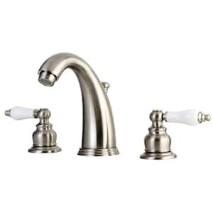 English Country 8 in. Widespread 2-Handle Bathroom Faucets with Plastic Pop-Up in Brushed Nickel