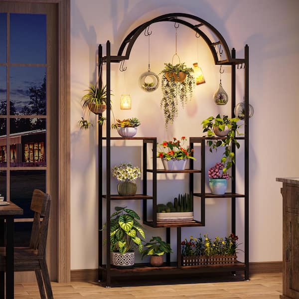 Wellston 74.8 in. Rustic Brown 5-Tier Indoor Plant Stand Flower Rack with Side Hanging Hooks and S-Hooks
