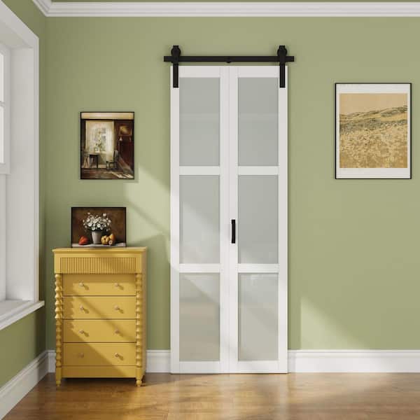 32 in. x 84 in. 3-Lite Tempered Frosted Glass White Finished Glass Bi-Fold Sliding Barn Door with Hardware Kit