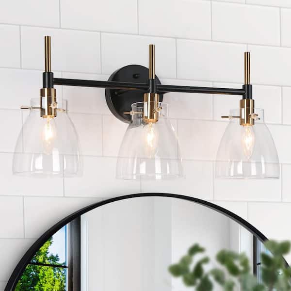 Zevni 21.5 in. 3-Light Brass Gold Vanity Light for Bathroom, Black Wall Sconce Lighting with Bowl-Shaped Clear Glass Shades