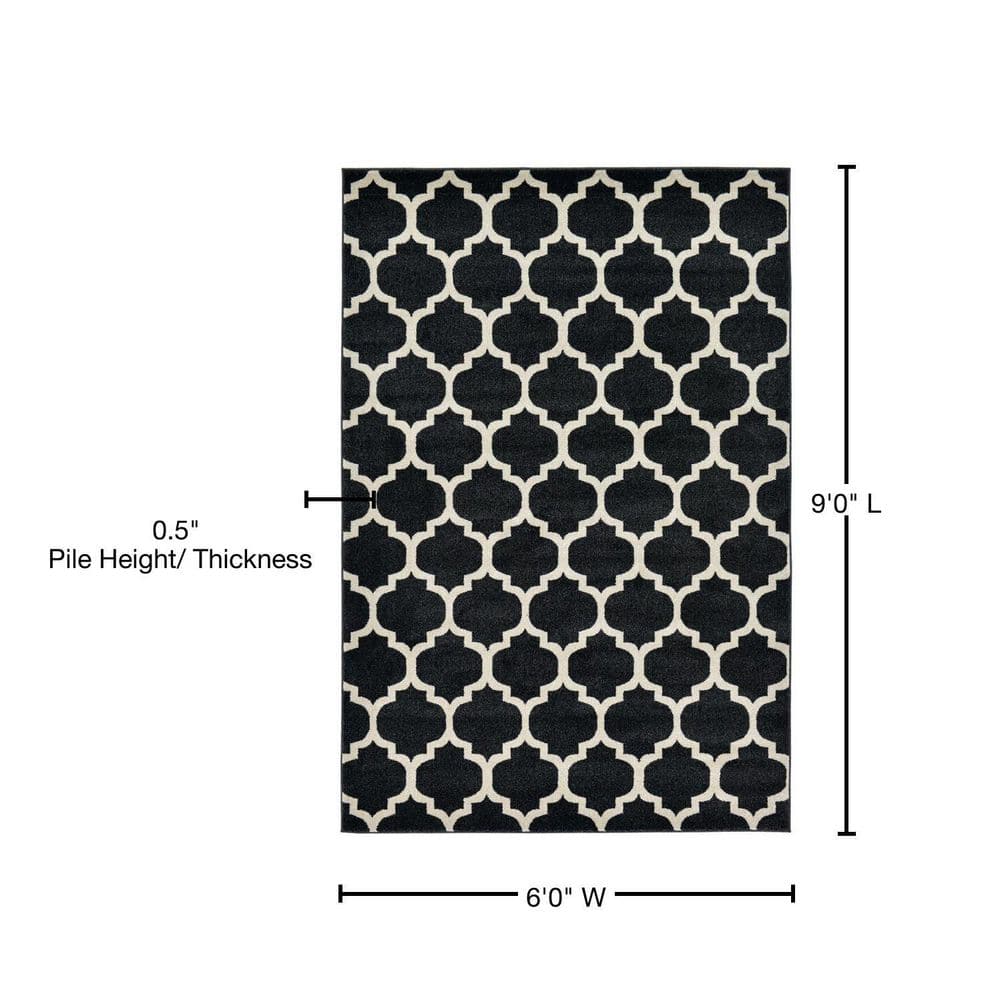 Black Synthetic Trellis 6' x 9' Reversible Washable Rug