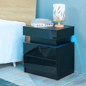 2-Drawer Modern Black Nightstand with RGB LED Light (17.7 in. W x 13.8 in. D x 20.5 in. H)
