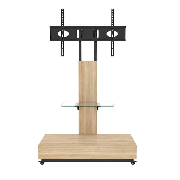 31.5 in. W Natural Finish TV Stand with Drawer & Shelf, TV Cart for 32-75 inch, Floor TV Mount on Lockable Wheels