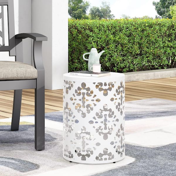 Noble House Soto White Cylindrical Metal Outdoor Patio Side Table