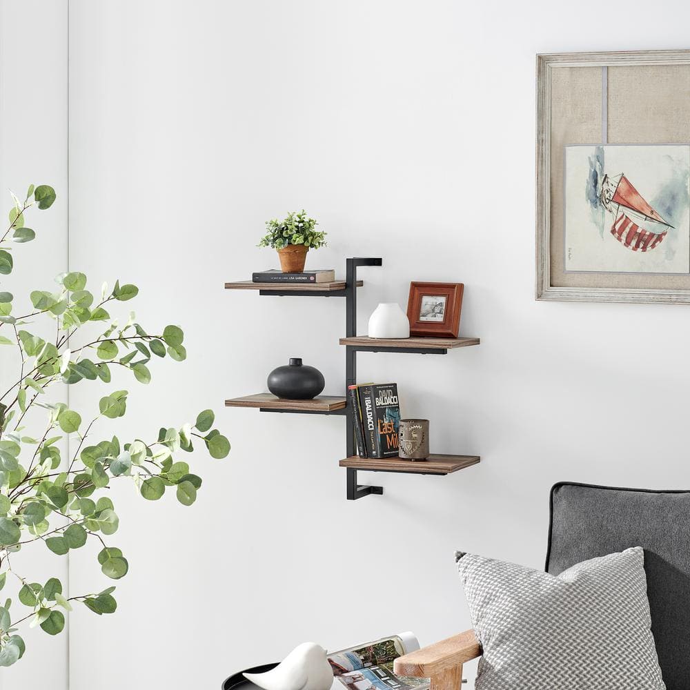 Black Iron and Wood 4-Tier Floating Wall Shelf