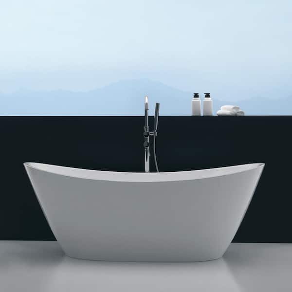 Empava 67 in. Acrylic Flatbottom Hourglass Freestanding Soaking Bathtub in White with Brushed Nickel Overflow and Drain