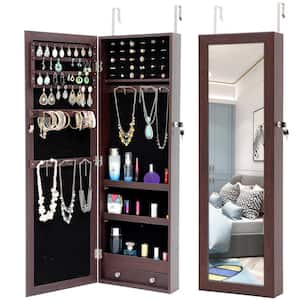 Fashion Simple Brown Hung On The Door Or Wall Jewelry Armoire with Mirror and Lockable 43.3 H x 14.2 W x 3.9 D in.