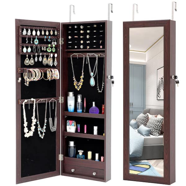 YOFE Fashion Simple Brown Hung On The Door Or Wall Jewelry Armoire with Mirror and Lockable 43.3 H x 14.2 W x 3.9 D in.