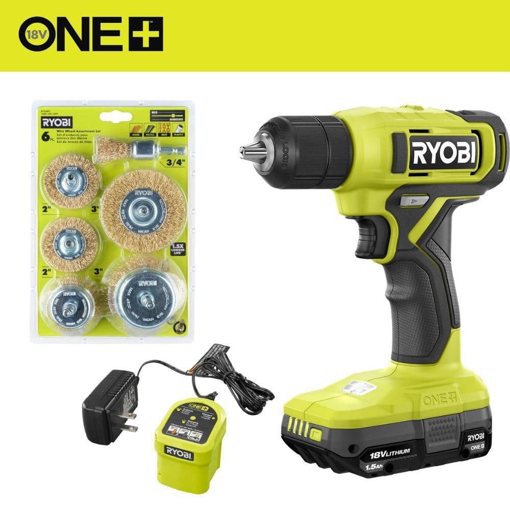 ONE+ 18V Cordless 3/8 in. Drill/Driver Kit with 1.5 Ah Battery, Charger, and Wire Wheel Assortment Set (6-Piece)