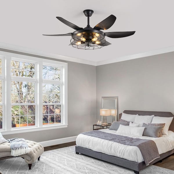 52 in. 5-Light Vintage Indoor Matte Black Caged Ceiling fan with Light Kit, Remote, 6-Speeds, Silent