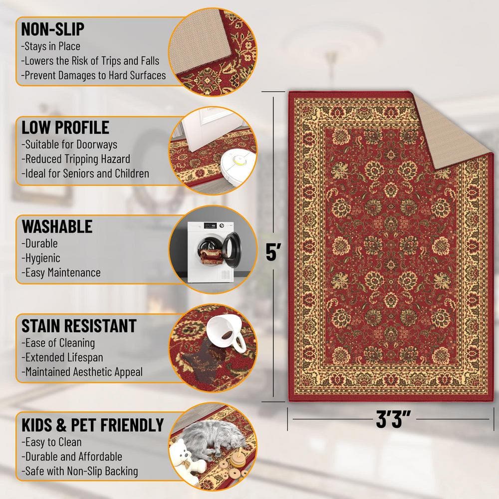 Dark Red Traditional Floral Non-Slip Synthetic Area Rug
