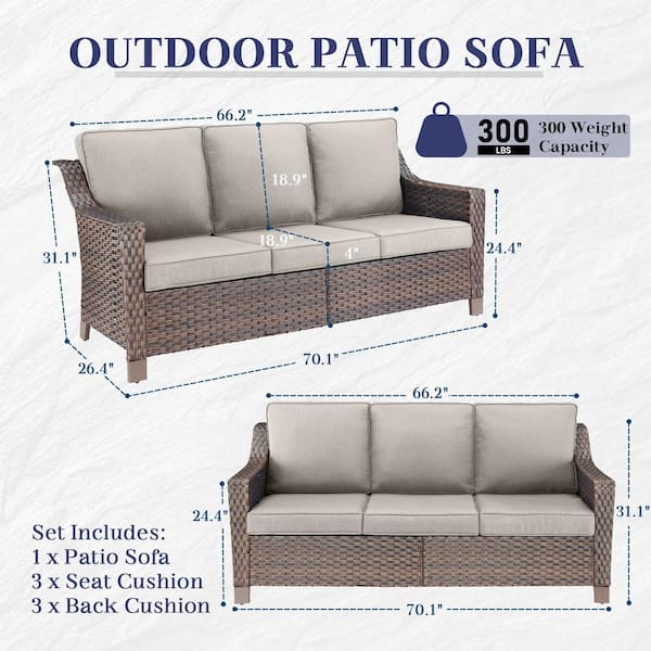 Skinny Guy Series 3-Seat Brown Wicker Outdoor Patio Sofa Couch with Cushion Guard Beige Cushions