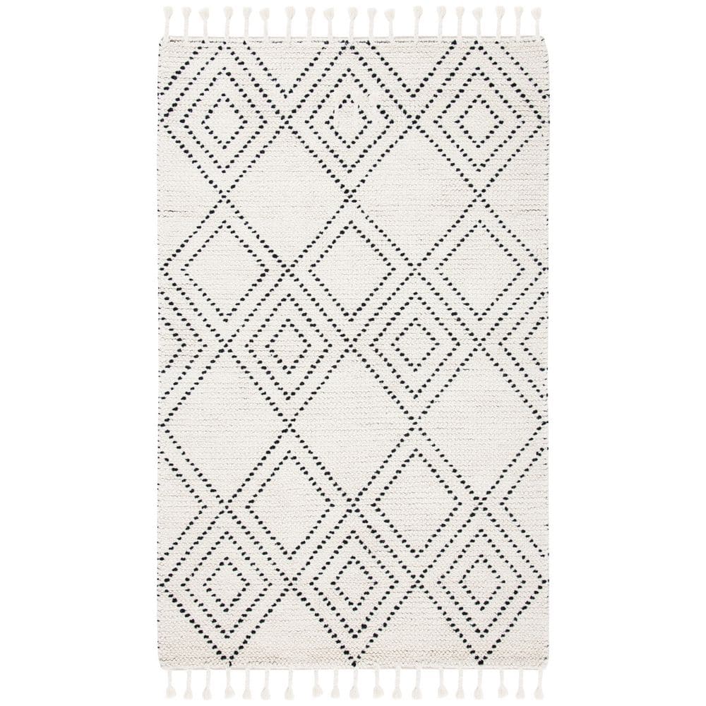 Ivory and Black Hand-Tufted Wool Shag Rug, 4' x 6'