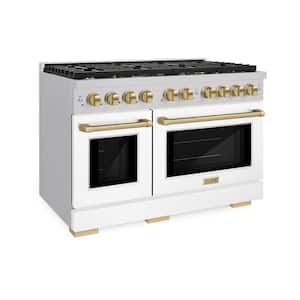 Autograph Edition 48 in. 8-Burner Freestanding Gas Range and Double Convection Oven in White Matte and Champagne Bronze