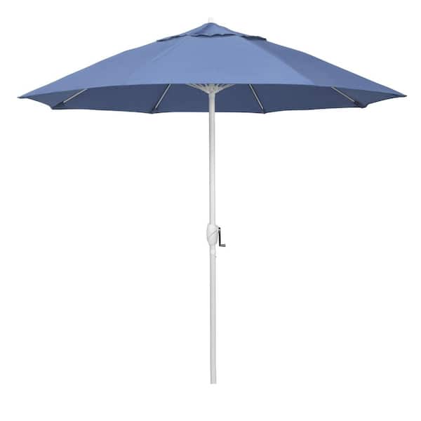 California Umbrella 9 ft. Matted White Aluminum Market Patio Umbrella Fiberglass Ribs and Auto Tilt in Frost Blue Olefin