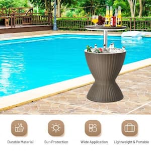 3 in 1 Outdoor 8 Gal. Patio Rattan Cooler Bar Table with Adjust Ice Bucket Brown