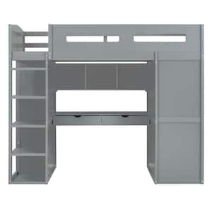 Twin Size Loft Bed with Desk, Wardrobes, 4 Drawers and 4 Shelves-Gray