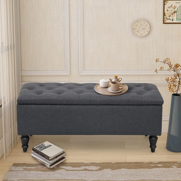 Maypex 38 in. L x 17 in. W x 17 in. H Navy Linen Fabric Upholstered Flip Top Tufted Storage Bench