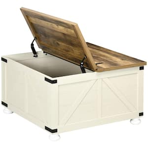 Farmhouse Coffee Table, Square Center Table with Flip-top Lids, Hidden Storage Compartment and Wooden Legs, White