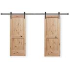 60 in. x 80 in. Bi-parting 2-Panel V-groove Solid Core Knotty Alder Sliding Barn Door with Bronze Hardware Kit