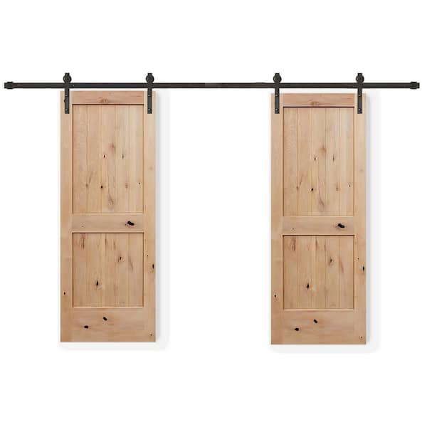 Pacific Entries 60 in. x 80 in. Bi-parting 2-Panel V-groove Solid Core Knotty Alder Sliding Barn Door with Bronze Hardware Kit