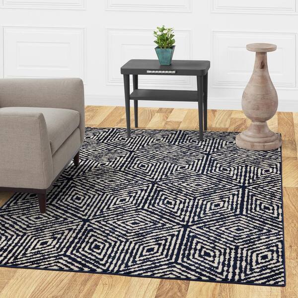 Diagona Designs Jasmin Collection Cubes Design Navy and Ivory 2 ft. 7 in x 9 ft. 10 in. Runner Rug