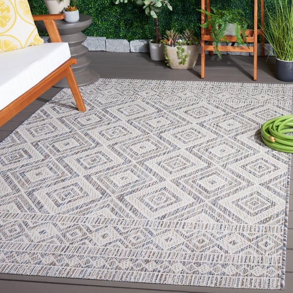 Courtyard Ivory Blue/Beige 8 ft. x 10 ft. Border Diamond Indoor/Outdoor Area Rug