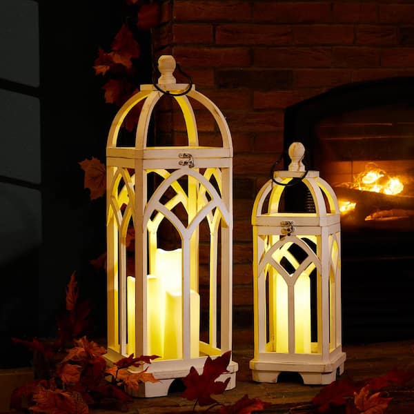 Glitzhome Set of 2 White Farmhouse Wooden Church Window Lanterns, Rustic  Style, Indoor Use, Fits Pillar/Tea-Light/LED Candles, 27.17-in and 19.88-in  H in the Candle Holders department at