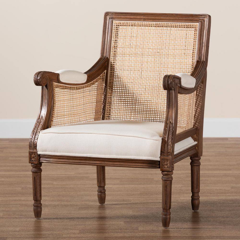 Beige Fabric and Walnut Wood Swoop Arm Accent Chair