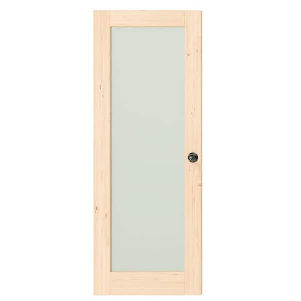 TENONER 30 in. x 80 in. Solid Wood, Full Lite, Frosted Glass, Primed, Light Brown Interior Door Slab with Black Goal Doorknob