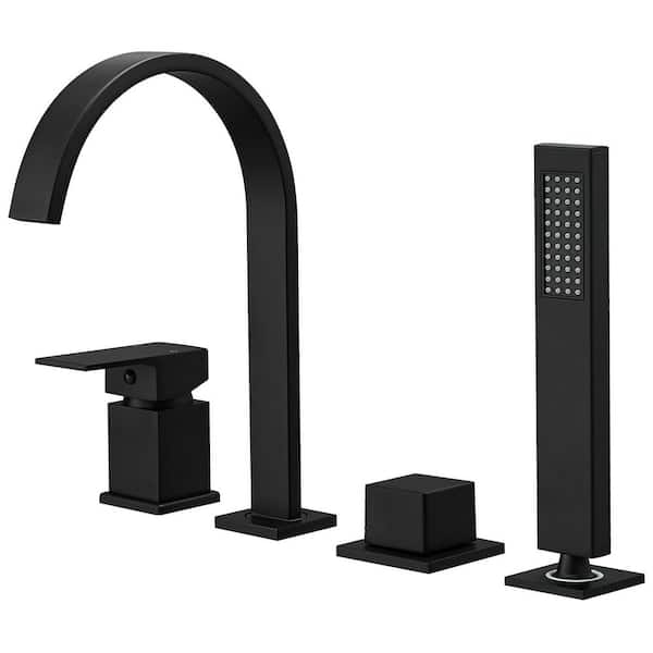Single-Handle Tub Deck Mount Roman Tub Faucet with Hand Shower in Matte Black