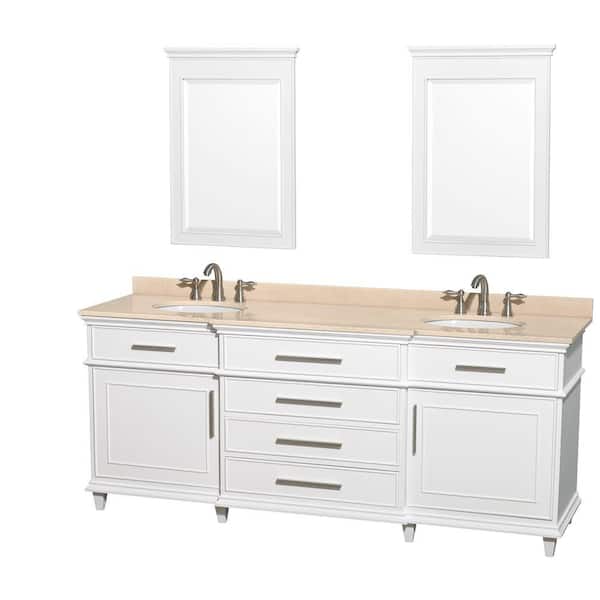 Wyndham Collection Berkeley 80 in. Double Vanity in White with Marble Vanity Top in Ivory, Oval Sink and 24 in. Mirrors
