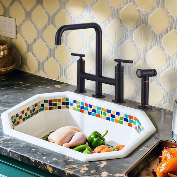 Deck Mount Double Handle Brass Bridge Kitchen Faucet with Pull-Out Side Sprayer in Oil Rubbed Bronze