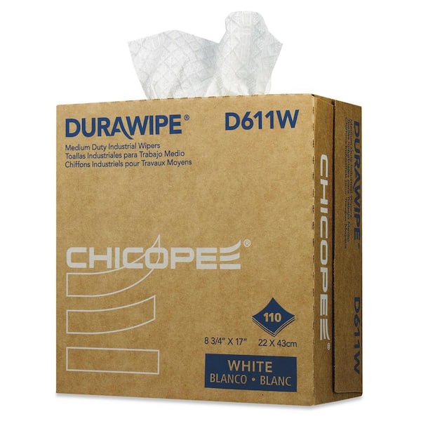 CHICOPEE Durawipe Medium-Duty Industrial Wipers, 8.8 in. x 17 in., White, 110/Box, 12 Box/Carton