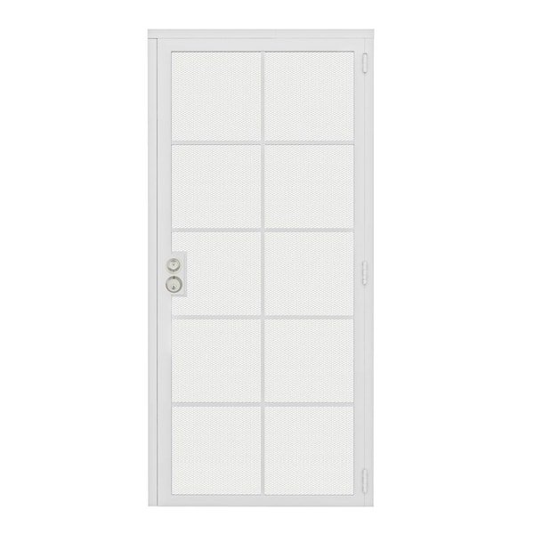 36 in. x 80 in. Universal/Reversible 10-Grid White Surface Mount Steel Security Door w/Expanded Metal Screen(Lock)