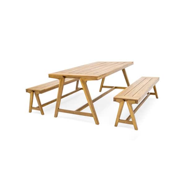 3-Piece Natural Teak Acacia Wood Outdoor Dining Set with 2-Dining Benches for Patio, Backyard, Garden and Hallway