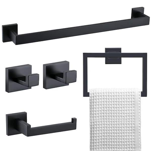 Unbranded 5-Piece Bath Hardware Set with 24 in. Towel Bar, Towel Ring, Toilet Paper Holder and 2 Towel Hooks Matte Black