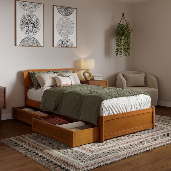 AFI Capri Light Toffee Natural Bronze Solid Wood Frame Twin XL Platform Bed with Panel Footboard and Storage Drawers