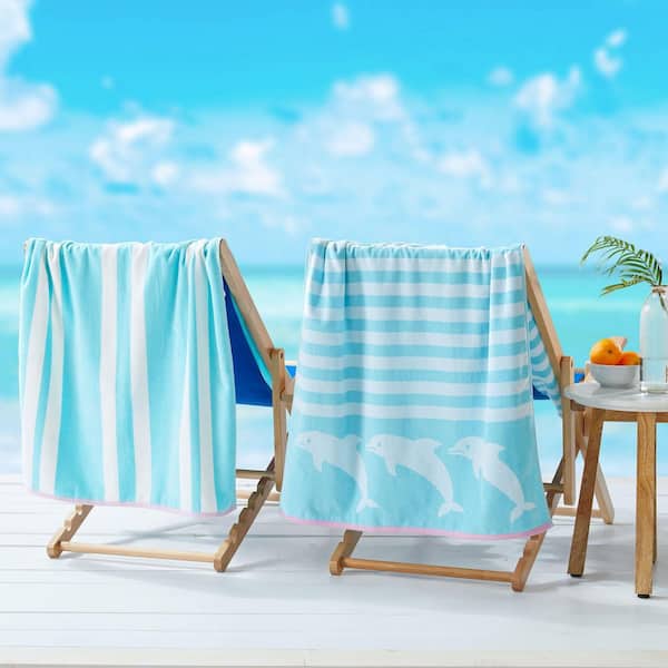 FRESHFOLDS Blue Dolphin and Stripes 2-Pack 100% Cotton Printed Beach Towel