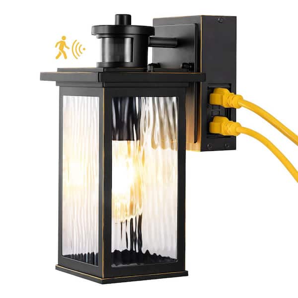 11.8 in. Black Motion Sensing Dusk to Dawn Outdoor Hardwired Wall Light Lantern Scone with Built-in 2 GFCI Outlet