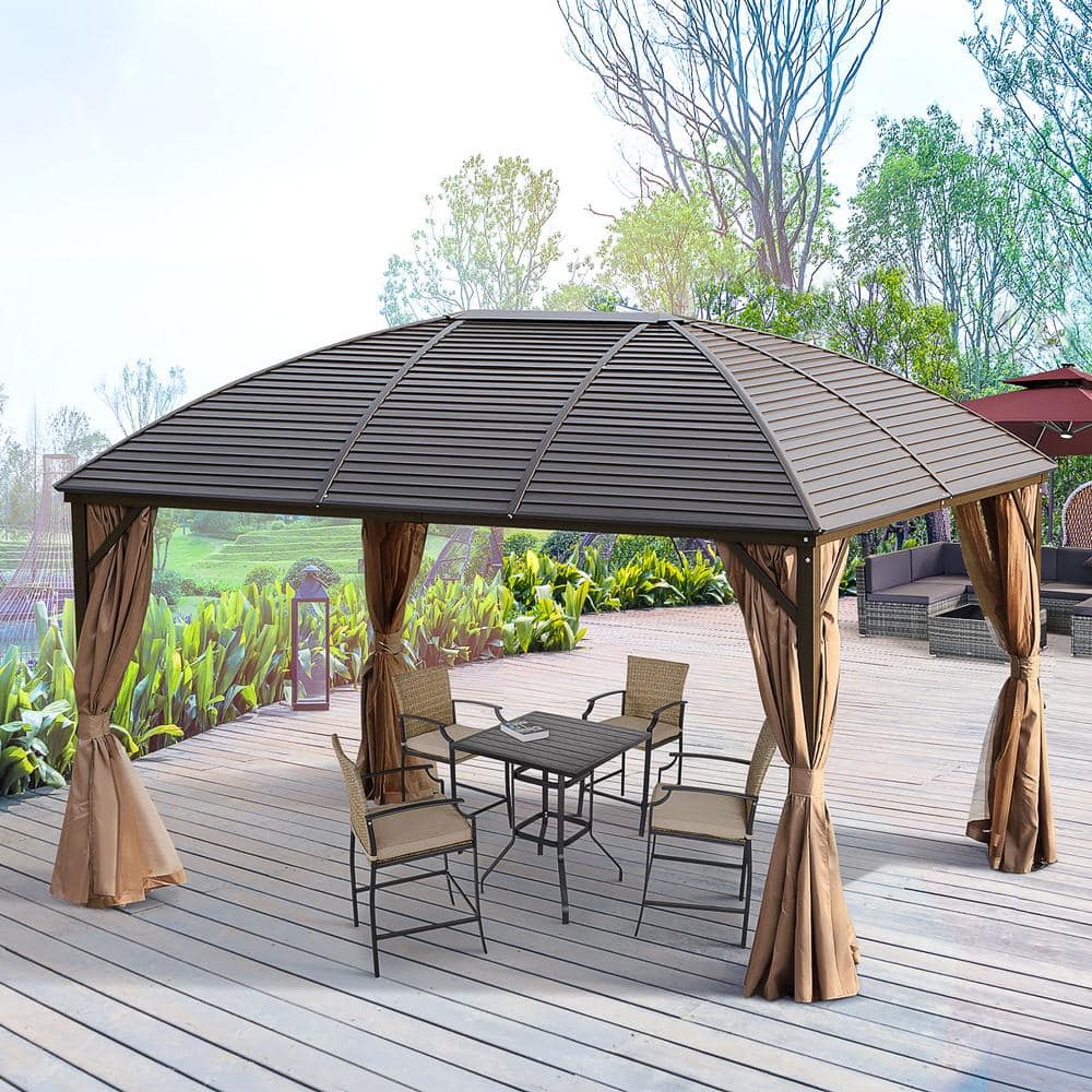 Brown Aluminum and Steel Hardtop Gazebo with Curtains and Netting