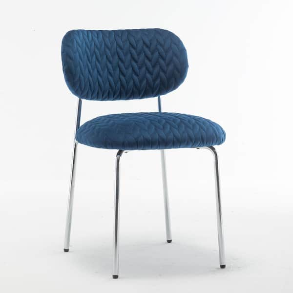 Unbranded Navy Velvet Upholstered Armless Side Chair with Silver Metal Legs, Ergonomic Backrest, Leaf Grain Pattern (Set of 2)