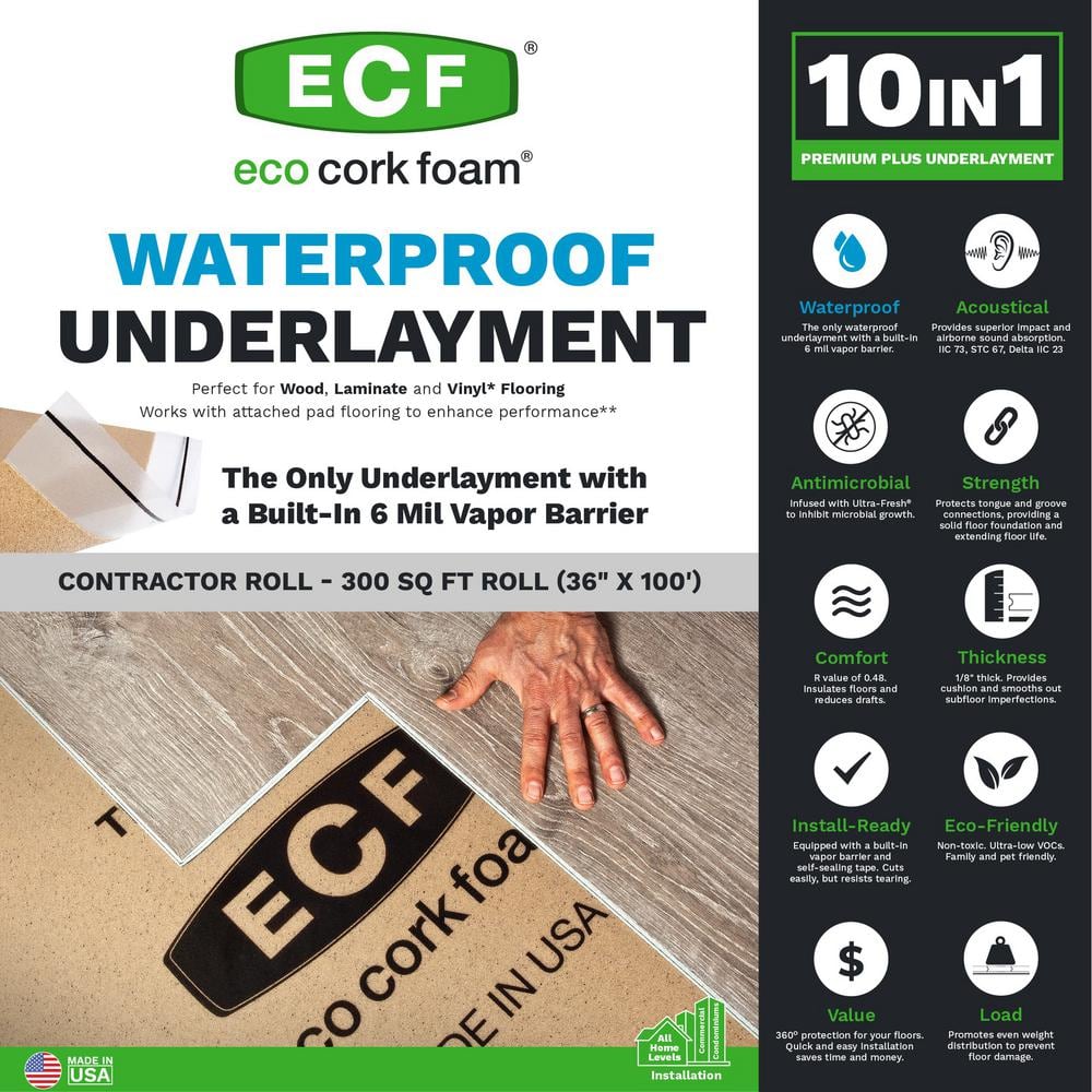 Eco Cork Foam Waterproof Underlayment with Vapor Barrier