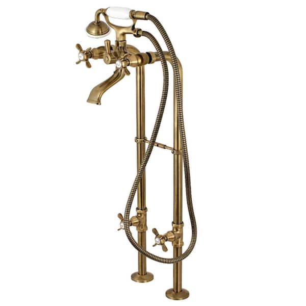Kingston Brass Lever 3-Handle Freestanding Floor-Mount Claw Foot Tub Faucet with Handshower in Antique Brass